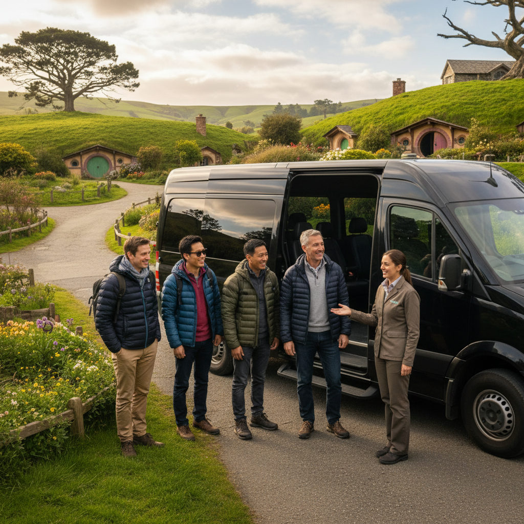 A small group of tourists embarking on a day tour from Auckland with Auckland & Beyond Tours, with a luxury van and scenic New Zealand backdrop.
