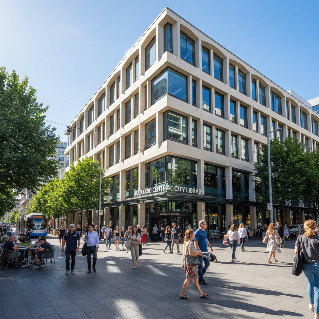 The exterior of the Auckland Central City Library building in Auckland, New Zealand, showing its modern architecture on a sunny day with people walking by.