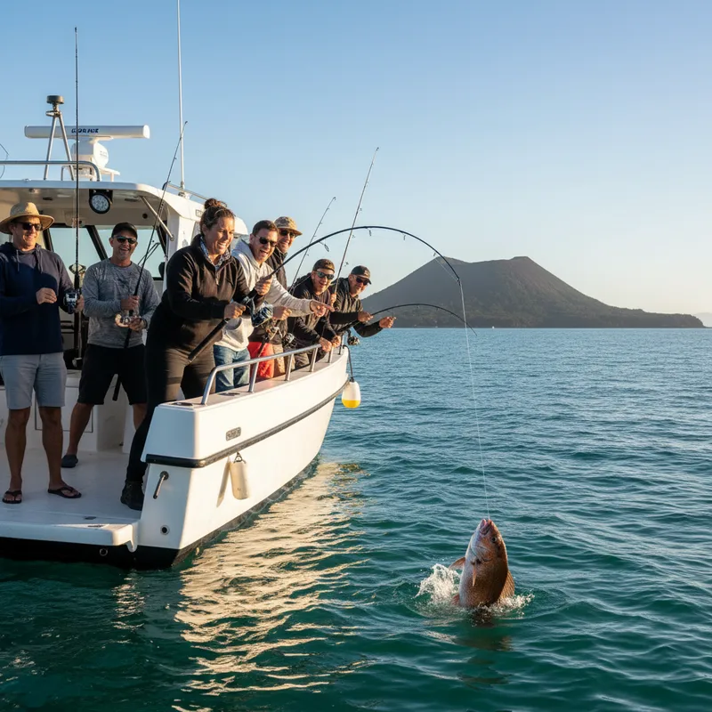 A group of friends enjoying a successful day out on a fishing charter in the beautiful Waitematā Harbour, Auckland.