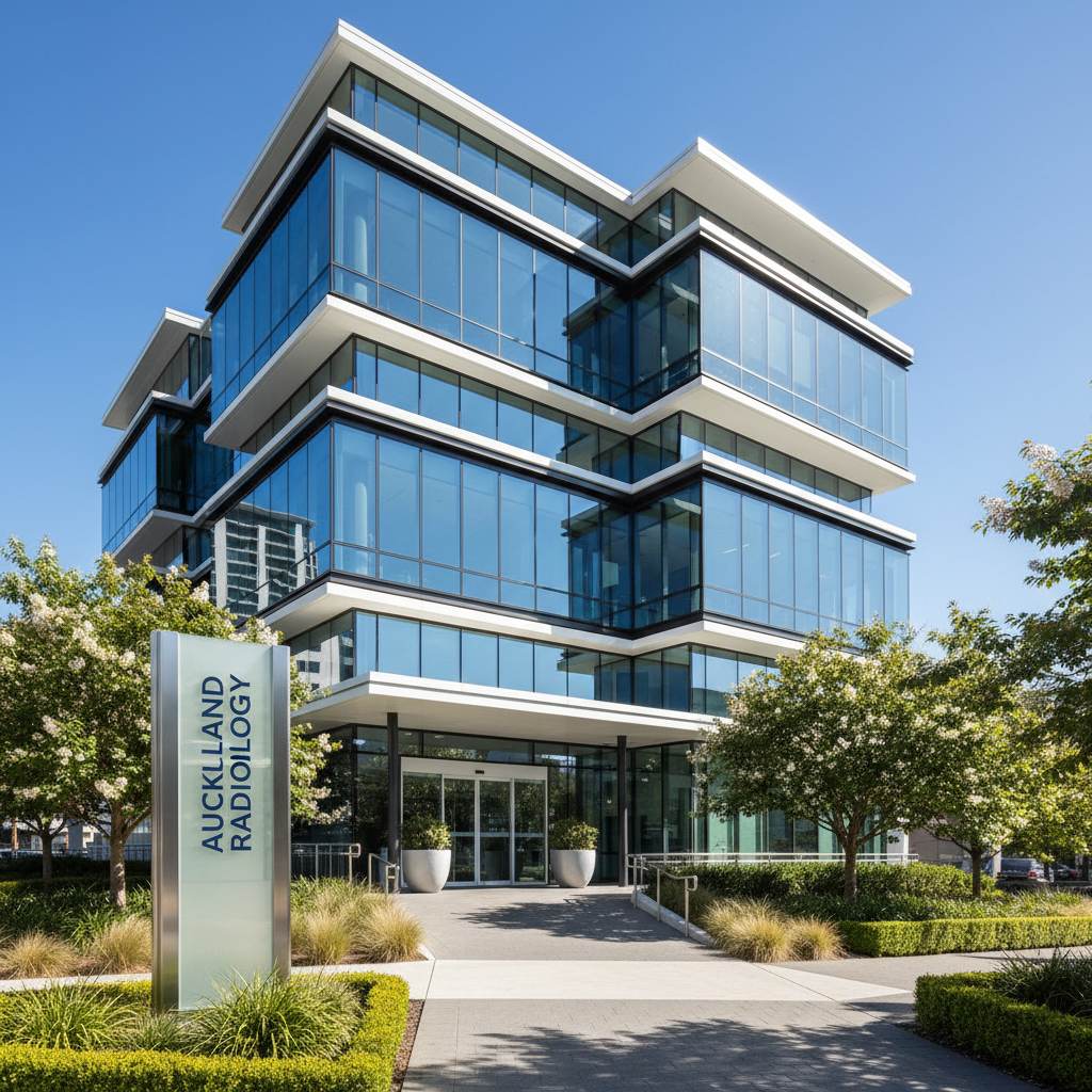 The modern exterior of the Auckland Radiology Group flagship clinic in Remuera, showing the accessible entrance and glass facade on a sunny day.