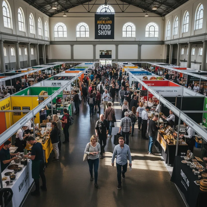 A vibrant, crowded exhibition hall at the Auckland Showgrounds in Epsom, with attendees exploring the many stalls and attractions of a large-scale public expo.
