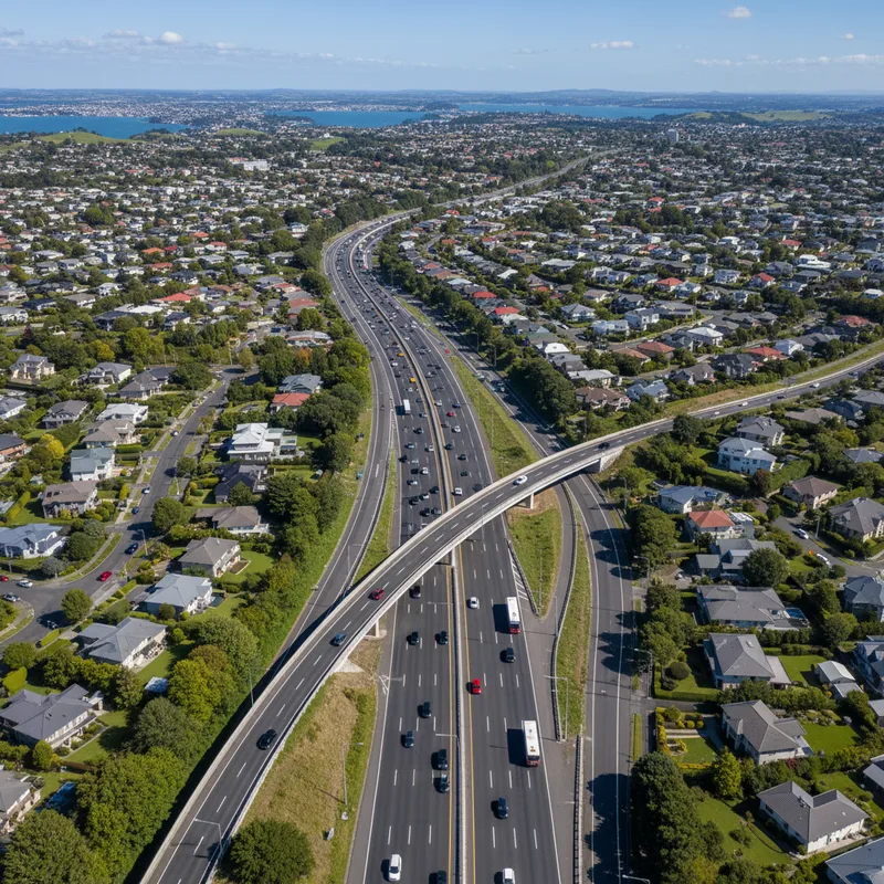 Aerial view of the multi-lane Auckland Southern Motorway, showing heavy traffic moving through the Ellerslie interchange during the day.