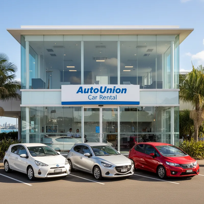 The entrance to the AutoUnion Car Rental depot in Māngere, Auckland, with clean rental cars parked outside under a clear blue sky.