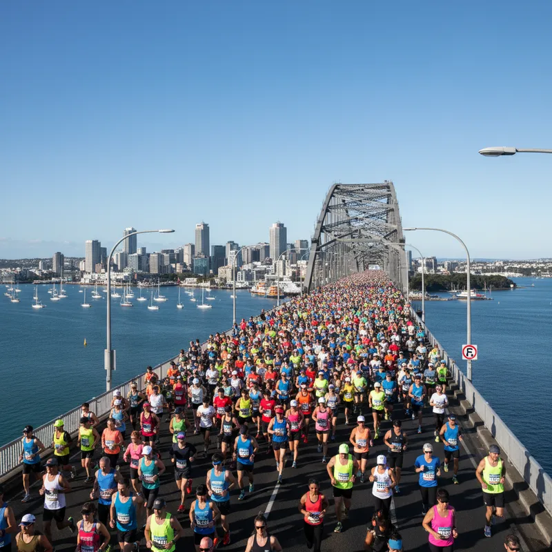 A large crowd of participants running across the Auckland Harbour Bridge during the Auckland Marathon, with the scenic Waitematā Harbour and Auckland city skyline providing a stunning backdrop.