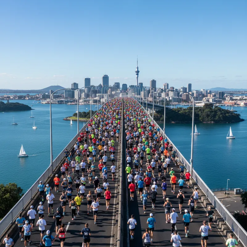 Runners competing in the Auckland Marathon as they cross the iconic Auckland Harbour Bridge, with the city skyline and harbour visible on a sunny day.