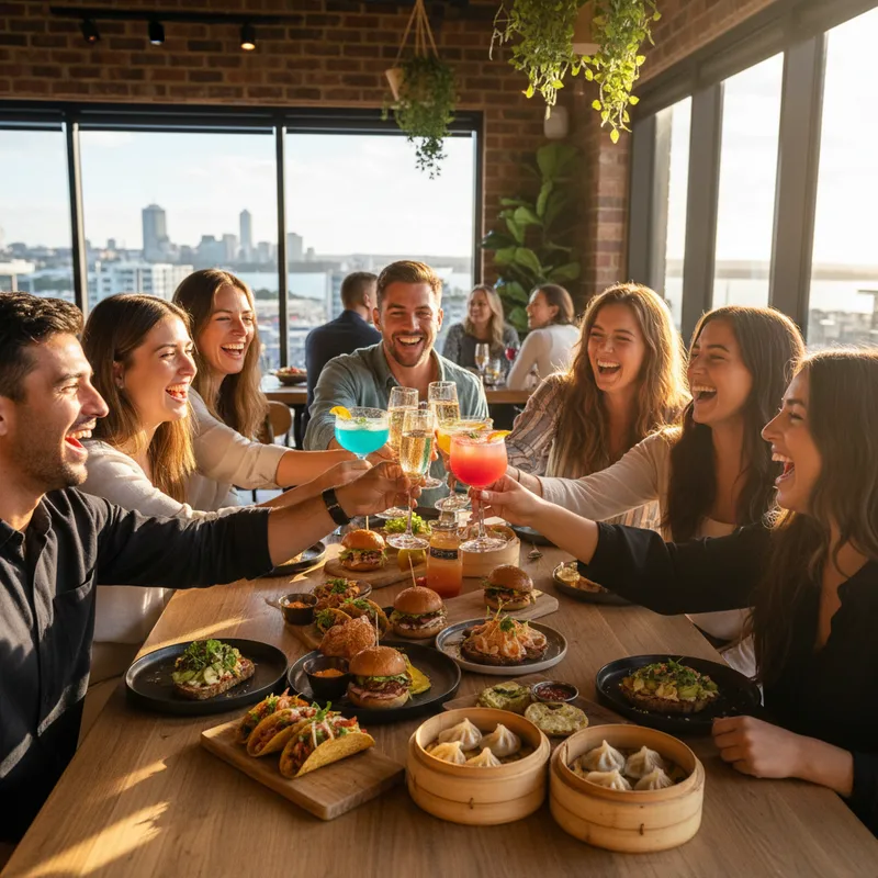 A lively group of friends enjoying the Bottomless Brunch Auckland experience, with colourful cocktails, plates of tacos, and dumplings spread across a table in a sunlit venue.