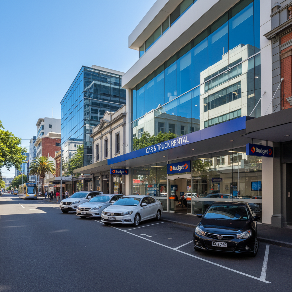 The Budget Car Rental office on Victoria Street West in Auckland, with its clear blue and orange signage visible from the street on a sunny day.