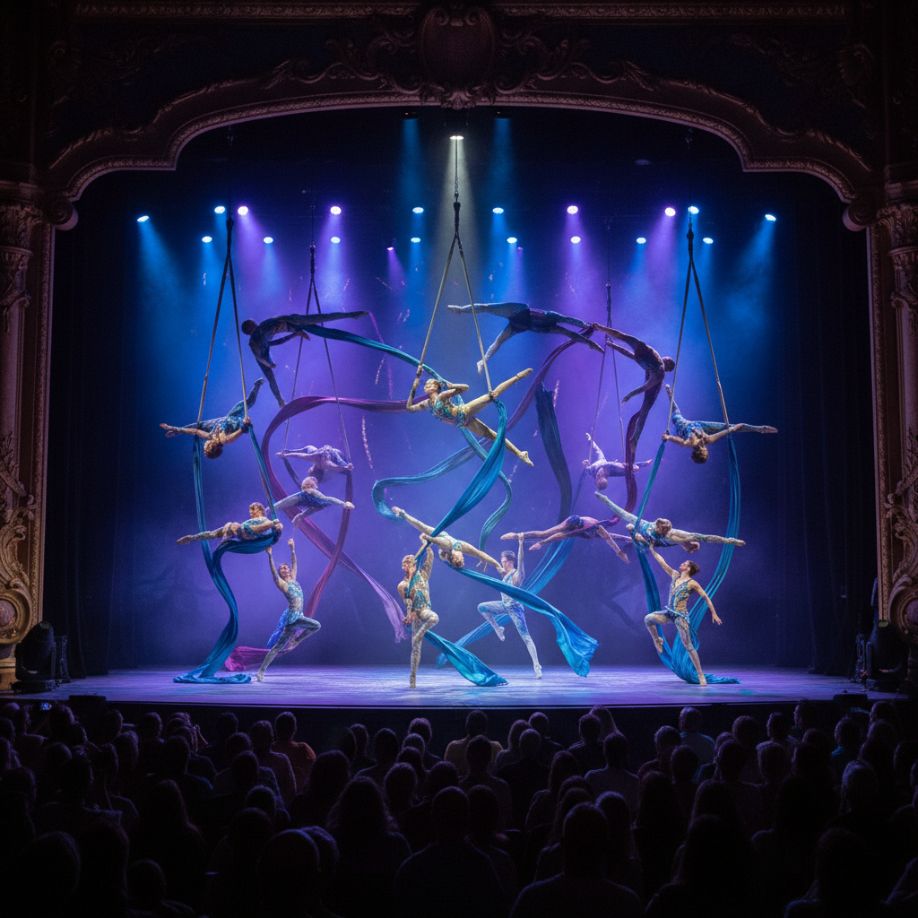 A troupe of acrobats in vibrant, elaborate costumes perform a spectacular aerial routine under dramatic blue and purple stage lights at a Cirque du Soleil show in Auckland.