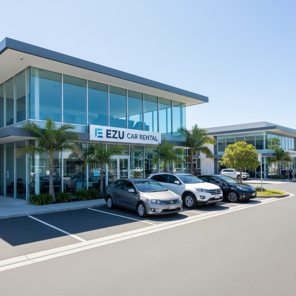 The exterior of the Ezu Car Rental branch office in Māngere, Auckland, with several clean rental cars parked in the foreground under a clear sky.