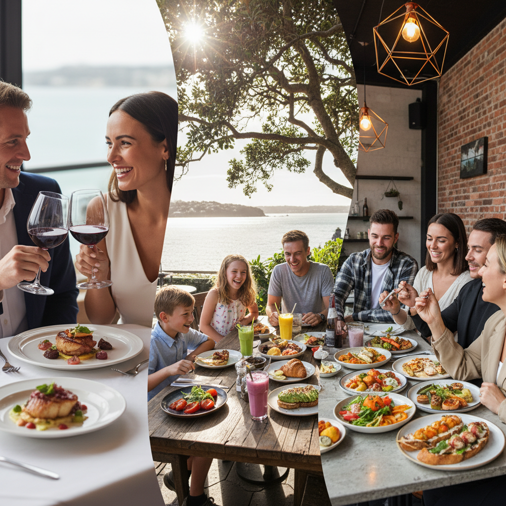 A vibrant collage showing diverse dining scenes available through First Table Auckland, including couples dining, friends sharing a meal, and delicious food plates.