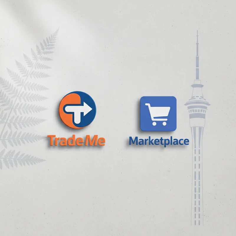 Illustration showing logos of Trade Me and Facebook Marketplace, representing the primary online shopping platforms for new and used goods in Auckland.