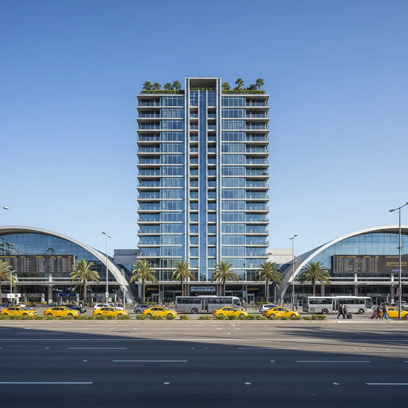 The modern exterior of the Novotel Auckland Airport hotel, showing its convenient location directly opposite the international terminal entrance.
