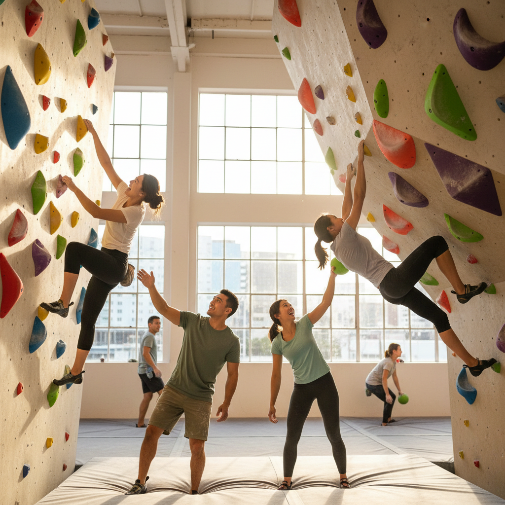 A group of friends enjoying a session at an indoor bouldering gym in Auckland, spotting each other on colourful and challenging climbing walls.