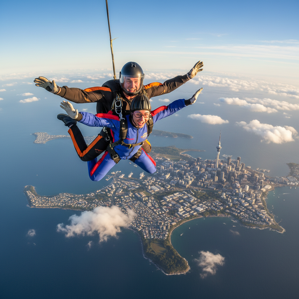 A person tandem skydiving with an instructor high over Auckland, with spectacular views of New Zealand's east and west coasts.