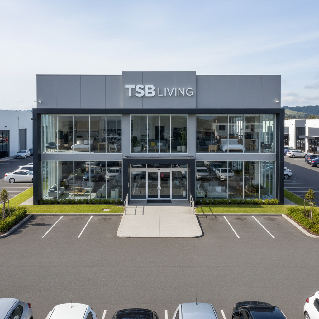 The storefront of the TSB Living furniture store located in the commercial district of East Tamaki, Auckland, showing the entrance and signage on a clear day.