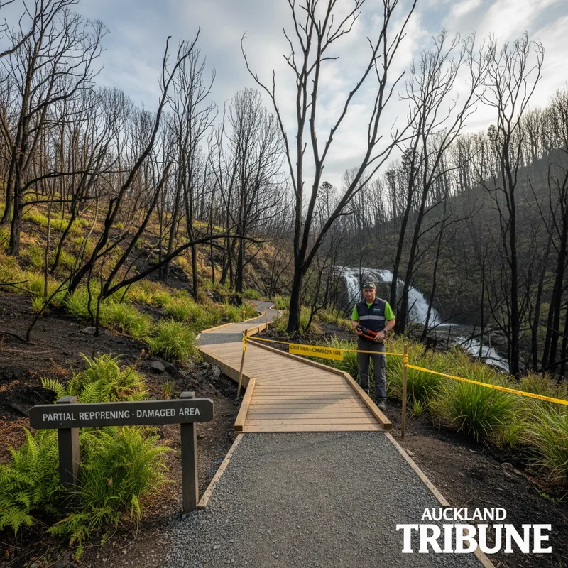 Partially reopened Fairy Falls track with lush green bushland and a wooden bridge.
