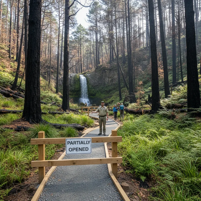 Fairy Falls track in Waitākere Ranges showing recovery after a devastating fire, with green foliage returning.