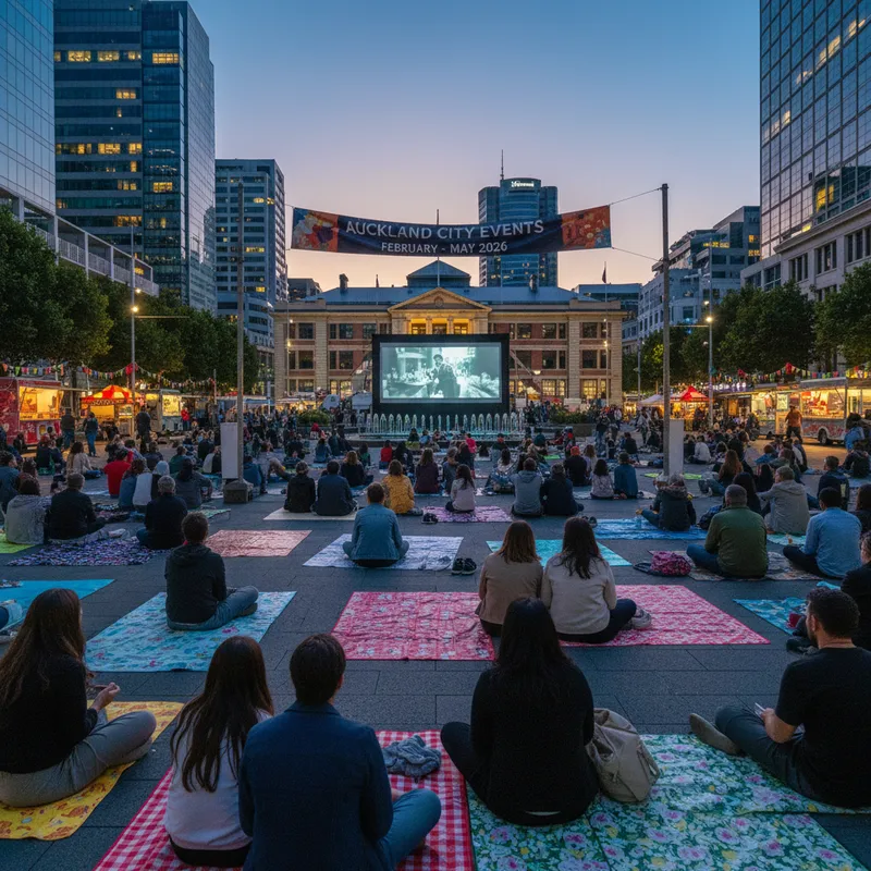 Dusk view of people seated on blankets enjoying an outdoor film screening in Takutai Square.