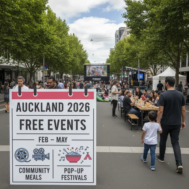 Auckland city centre is holding free events like film screenings, community meals, and festivals from February to May 2026.