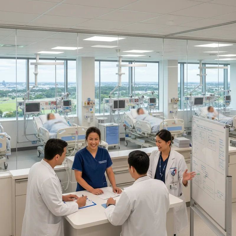 Intensive care unit with advanced medical equipment and a nurse tending to a patient.