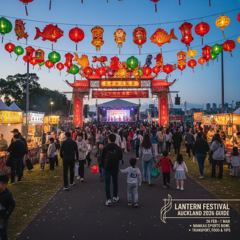 Auckland Lantern Festival at Manukau Sports Bowl featuring colourful lanterns on display, crowds of people, and food stalls during the evening.