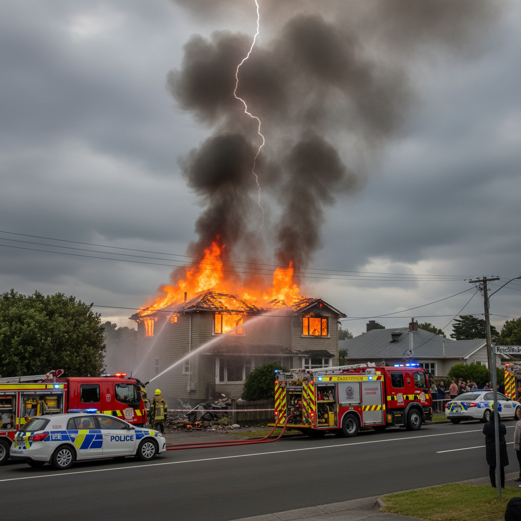 Firefighters battle a house fire on Rockfield Road in Penrose, suspected to be caused by a lightning strike.