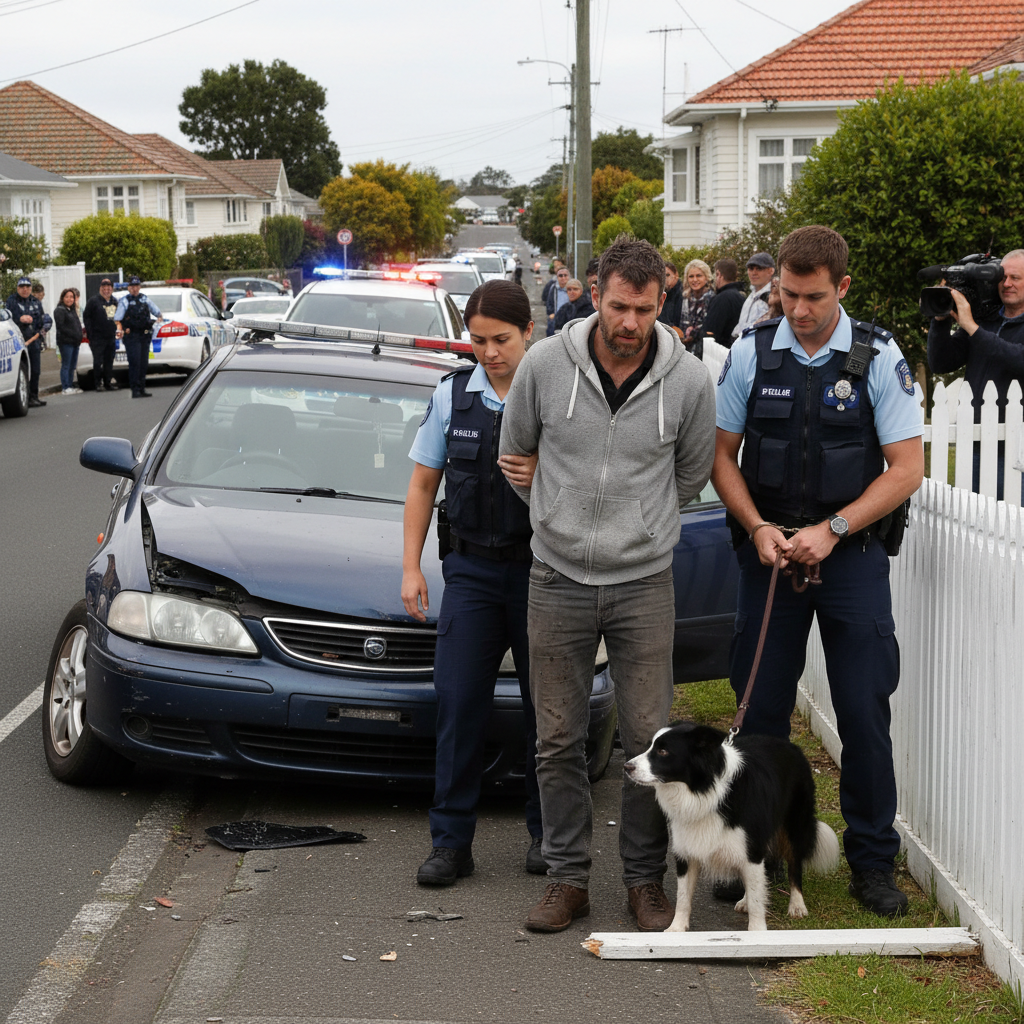 Police cars surrounding a stolen vehicle after a high-speed chase with a dog inside in Auckland, New Zealand.