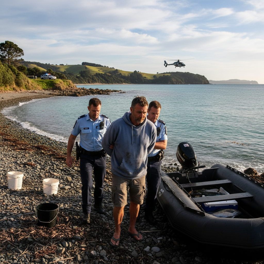 Police helicopter hovering over a marine reserve, spotting a man fishing illegally.