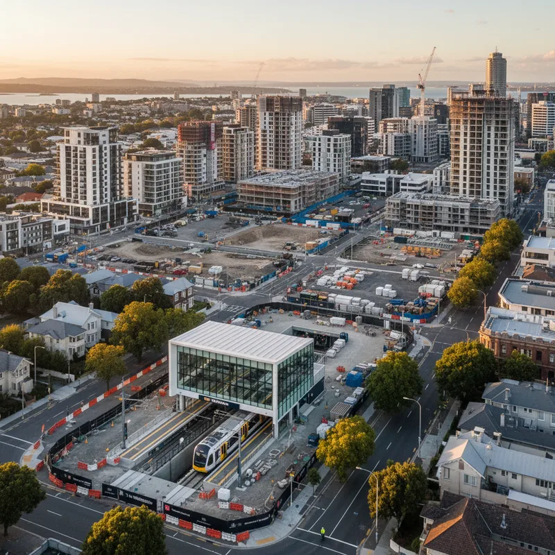 The Te Waihorotiu City Rail Link station in Maungawhau with surrounding urban landscape and housing developments.
