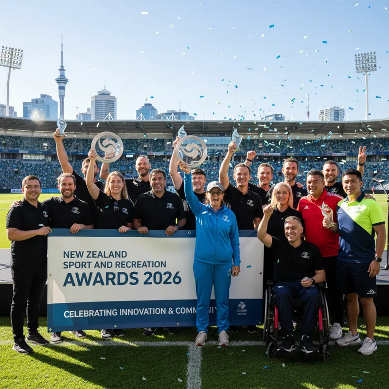 Community sport innovators in dynamic action shot at the 2026 New Zealand Sport and Recreation Awards in Auckland.