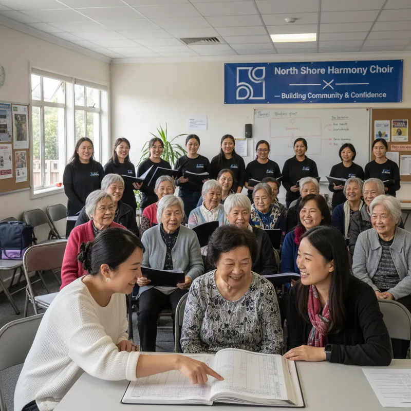 Seniors in North Shore choir practice singing with enthusiasm during a financial training session.