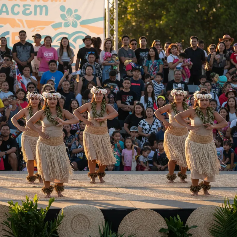 Dancers in vibrant costumes perform on an outdoor stage at the Pacific Dance Festival in South Auckland.
