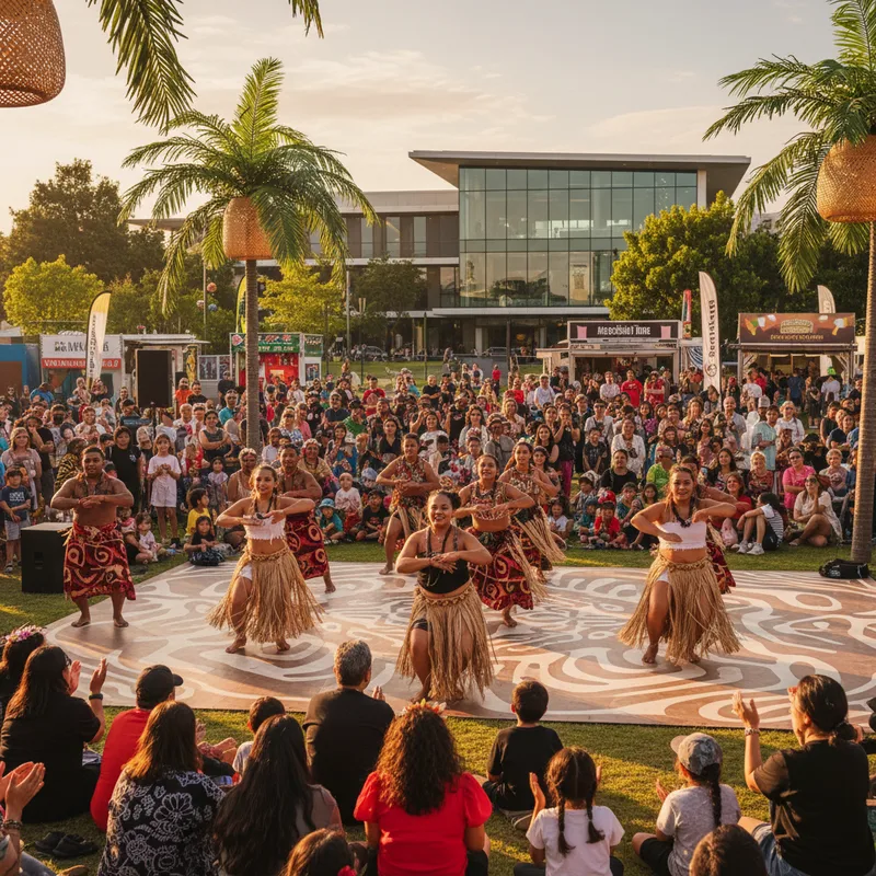 Dancers in vibrant attire perform at the Pacific Dance Festival in South Auckland.