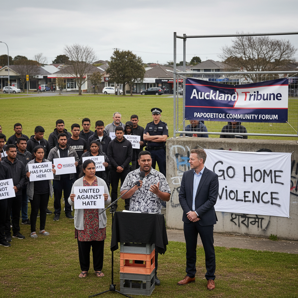 Community leaders, police, and politicians gather outdoors to discuss recent racist graffiti, with a focus on Papatoetoe.