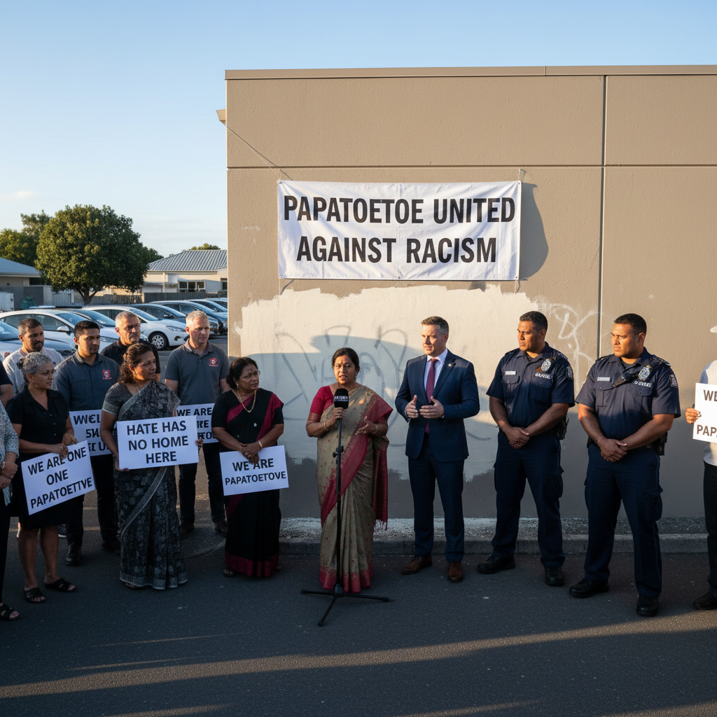 Auckland community leaders and police gather to address racist graffiti inciting violence against Indians.