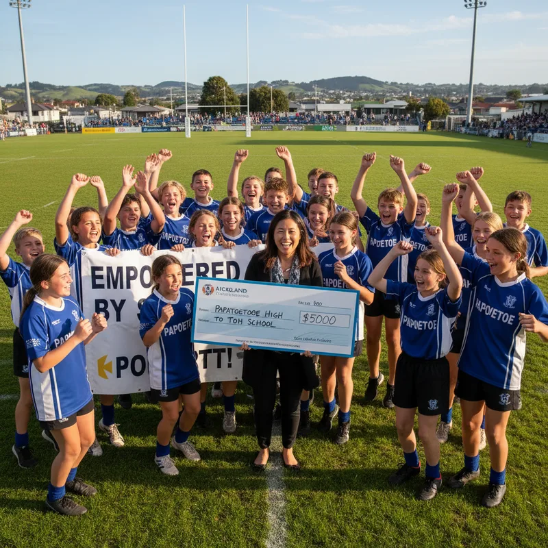 Female teacher in Papatoetoe celebrating with young athletes on a sports field.