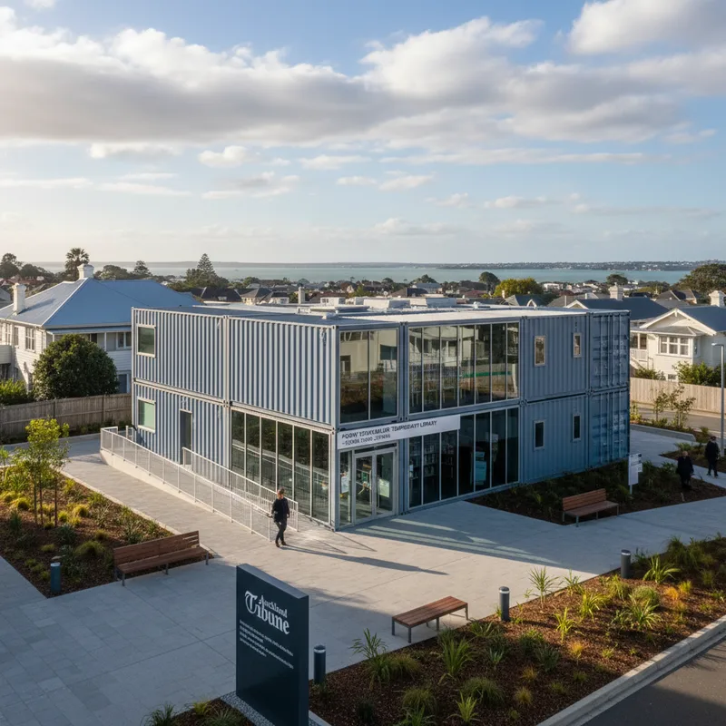 Wide shot of the new Point Chevalier library, a modern temporary building with a planned seven-year lifespan.