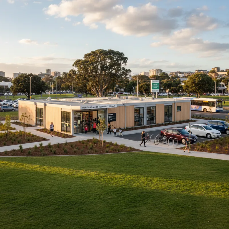 A wide architectural photograph of the new $1.9 million Point Chevalier library, a temporary facility.