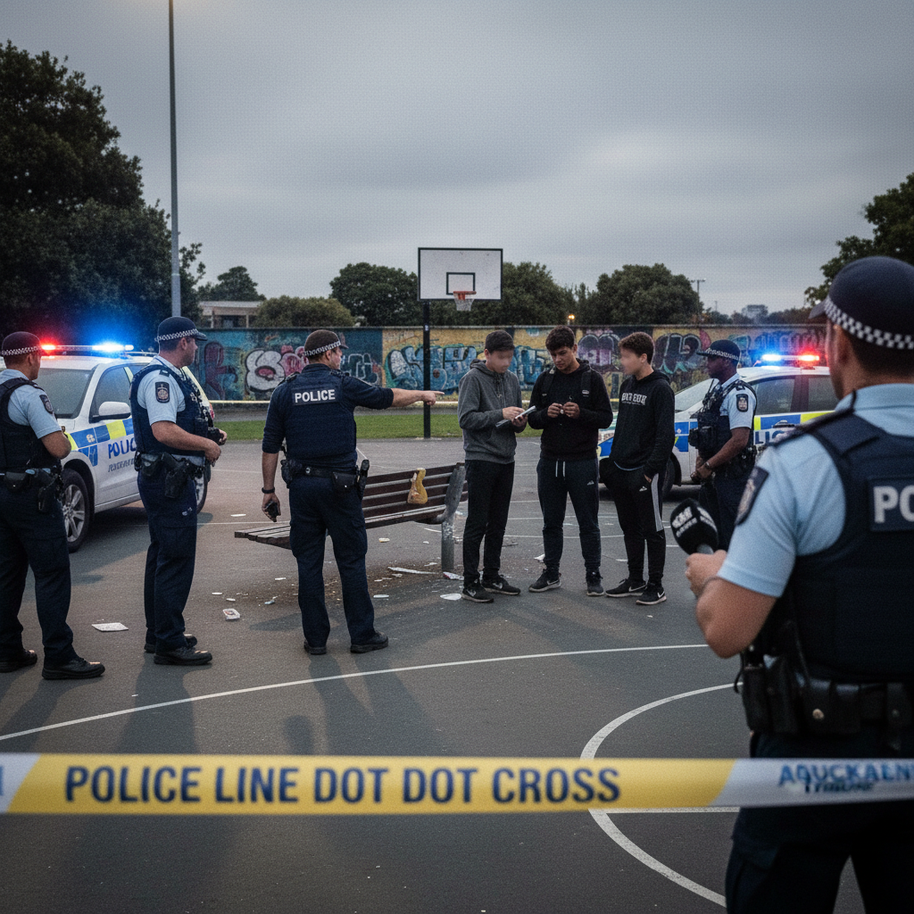 Police officers surveying an outdoor urban environment for evidence of teen assaults.
