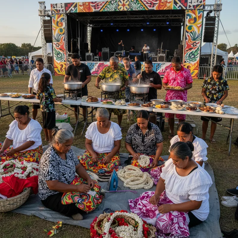 Volunteers and parents organize food and uniforms backstage at Polyfest, highlighting essential preparations for the event.