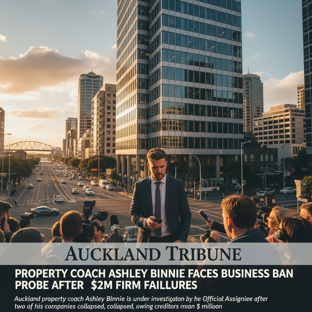 Auckland skyline wide establishing shot with Ashley Binnie's property coaching firms in financial distress.