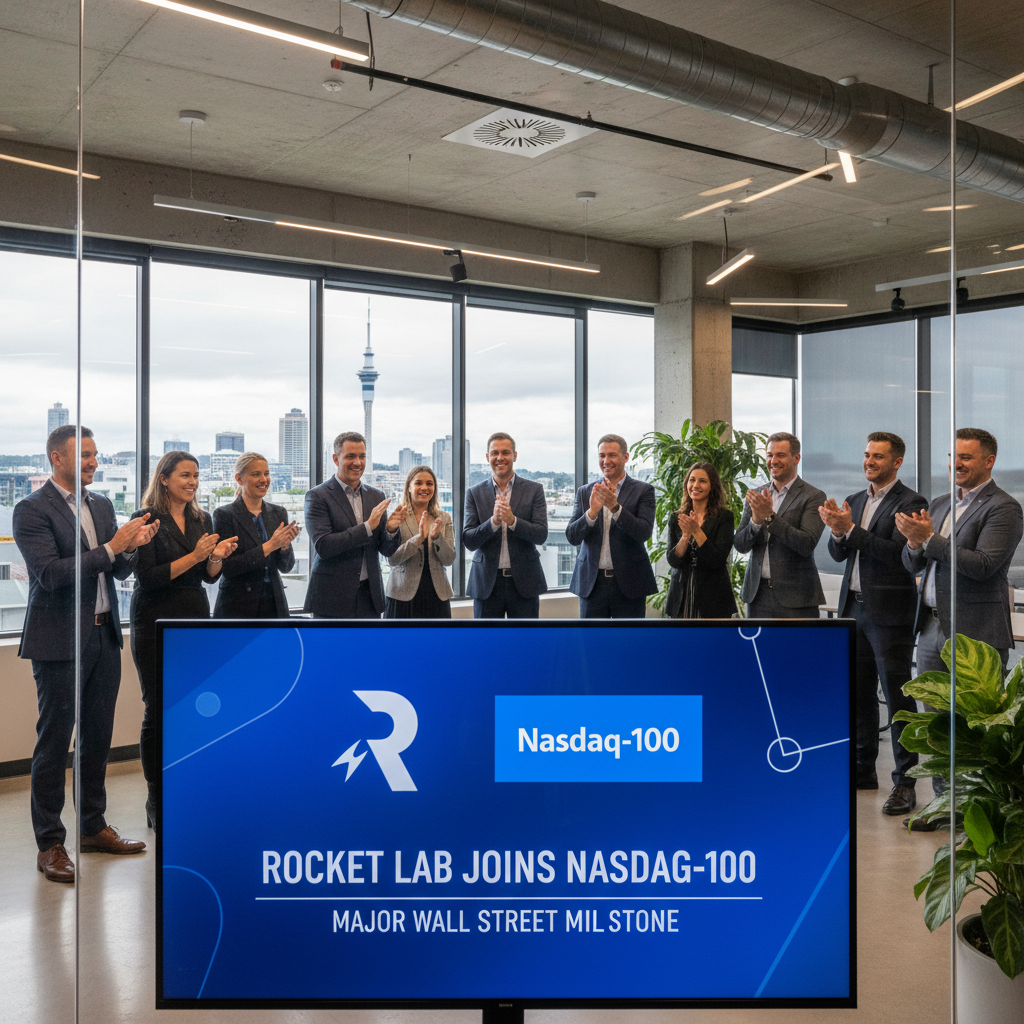 A photorealistic modern office captures Rocket Lab's new Nasdaq-100 status, symbolizing tech industry growth.