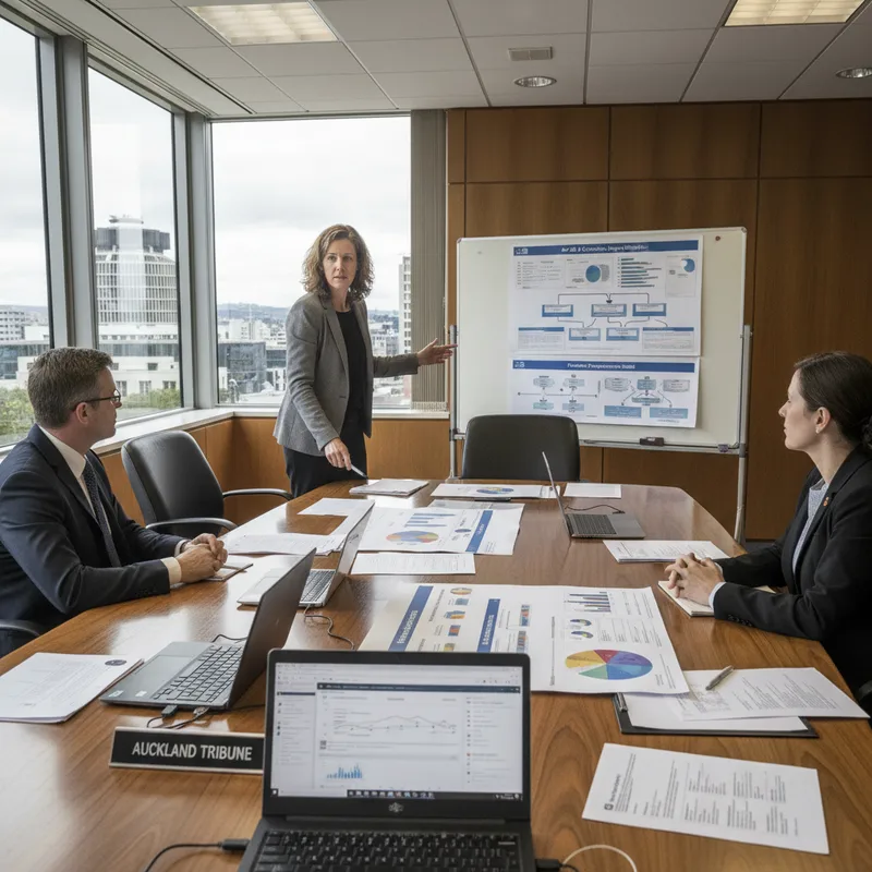A Wellington government office meeting room with modelling charts and laptops on a table. — Auckland Tribune