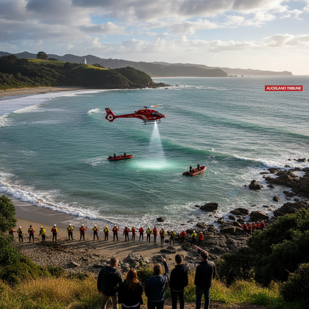 Coast guard cutters and helicopters search a scenic beach and ocean in search of a missing man.