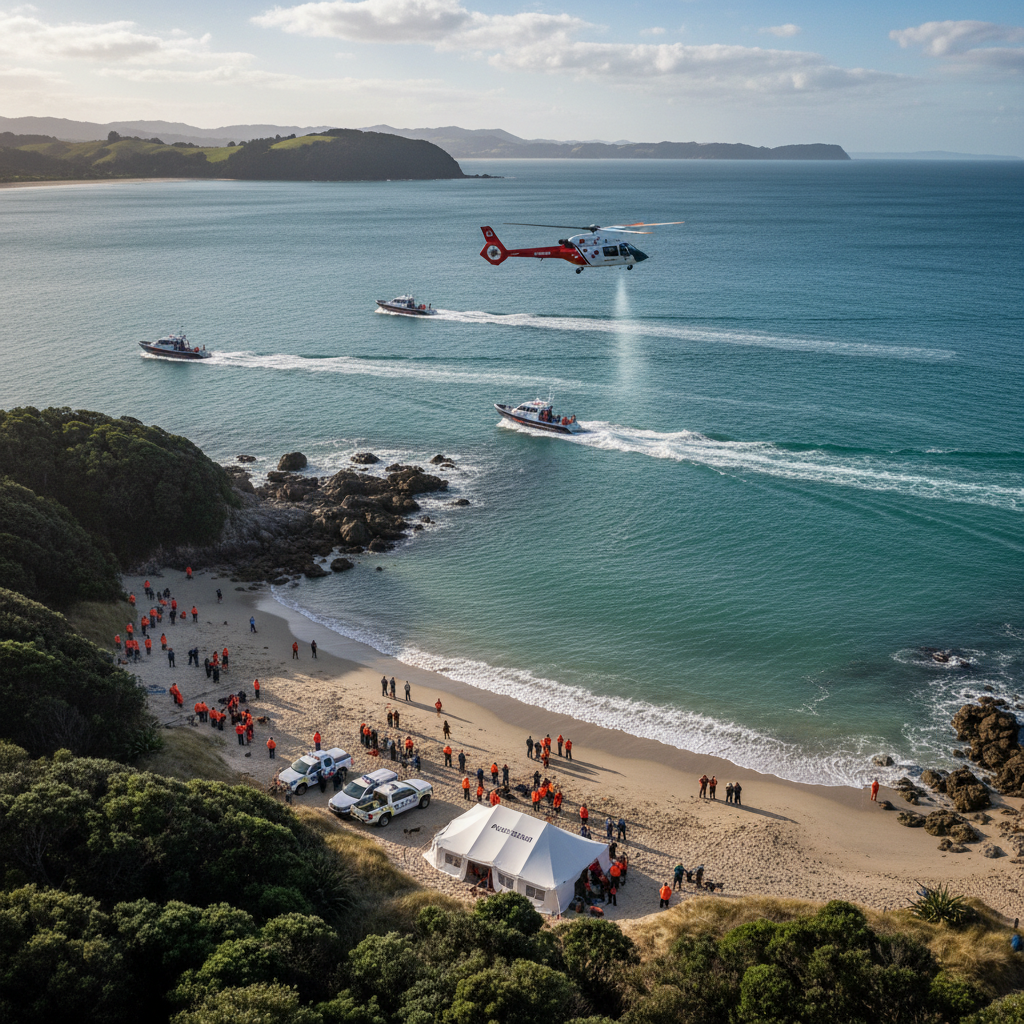 Coast guard helicopter hovers over Shelly Beach as rescuers search water and shoreline for missing man.