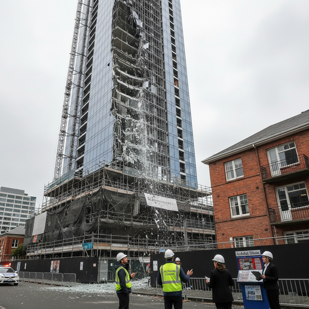 Auckland's unfinished Seascape tower with debris falling, sparking a dispute over safety claims.