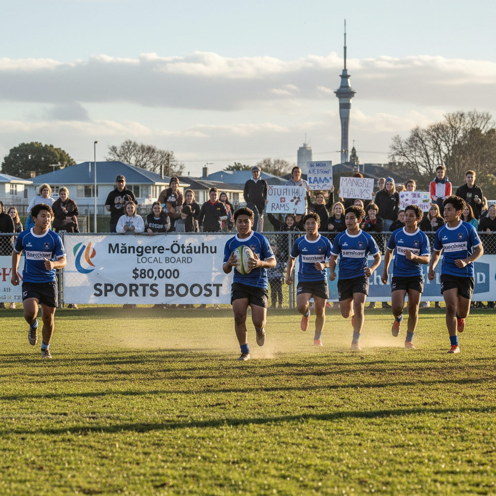 South Auckland sports field with athletes in action, highlighting local funding for sports initiatives.