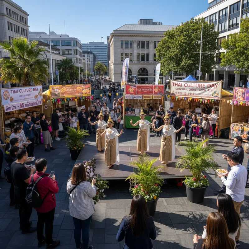 A lively crowd enjoys Thai dancers and food stalls at Freyberg Place during Thai Culture Day.