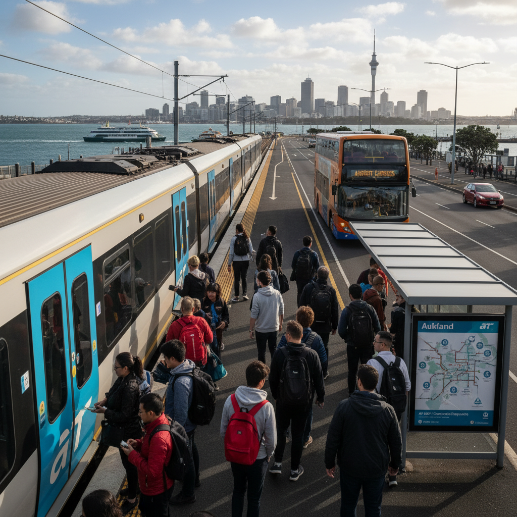 Auckland commuters use trains, buses, and ferries in a realistic setting with natural lighting.