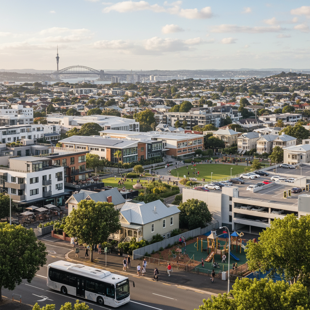 Photorealistic Auckland street scene with diverse homes, parks, and city views, reflecting 2026 suburb guide.